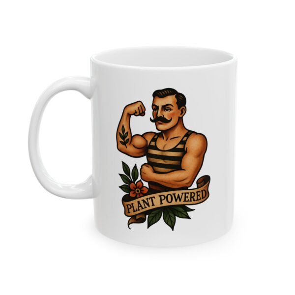 Plant Powered Strongman Mug - Vintage Vegan Athlete Tattoo