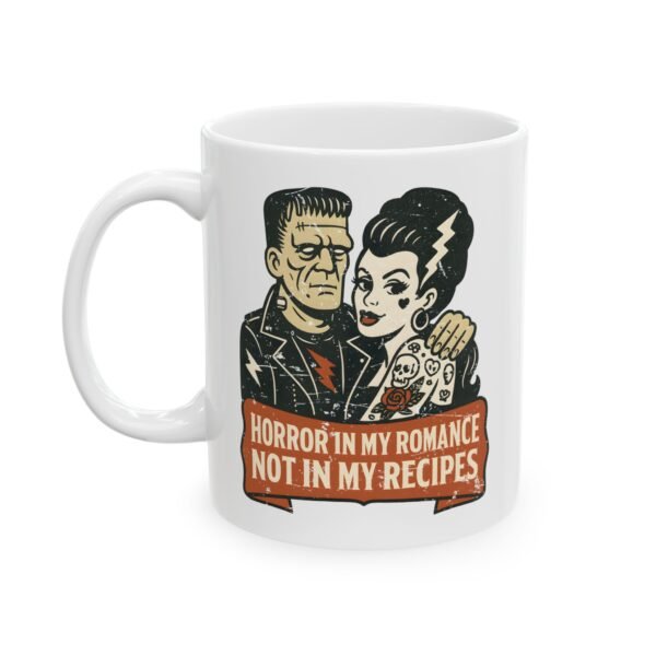 Horror in My Romance, Not in My Recipes Mug - Vegan Frankenstein and Bride