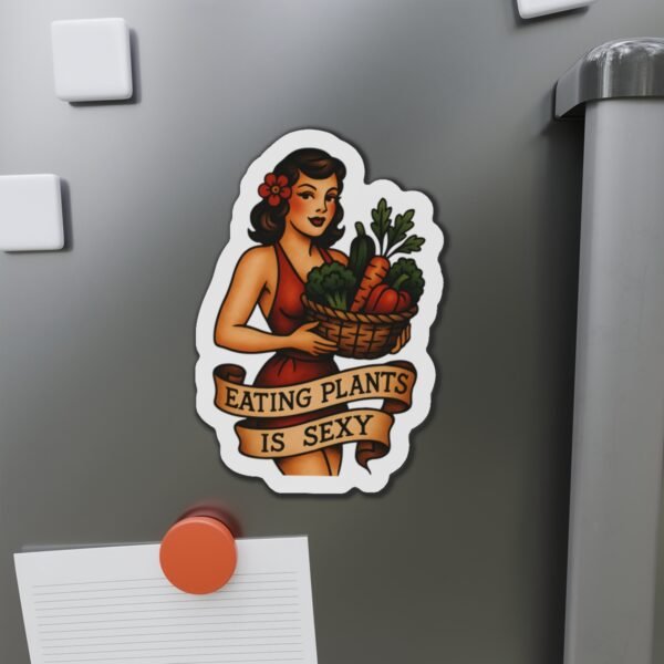 Eating Plants Is Sexy Pin-Up Magnet - Vintage Vegan Flash Tattoo