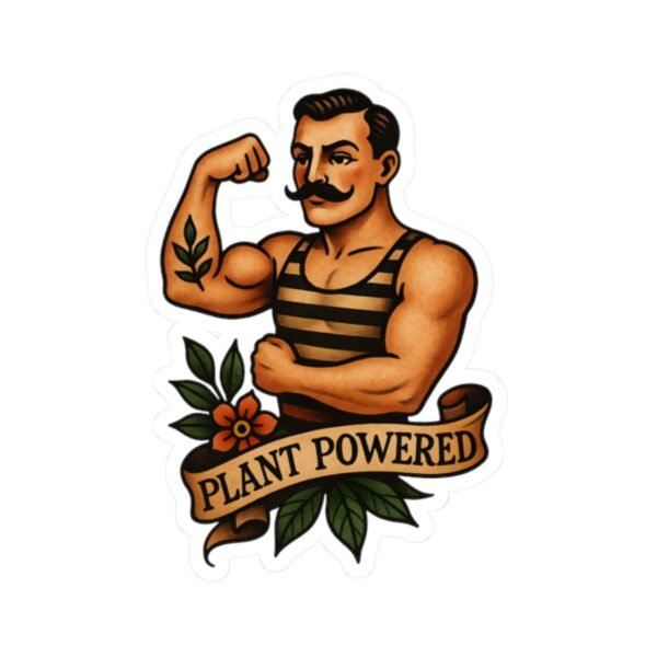 Plant Powered Strongman Sticker - Vintage Vegan Athlete Tattoo